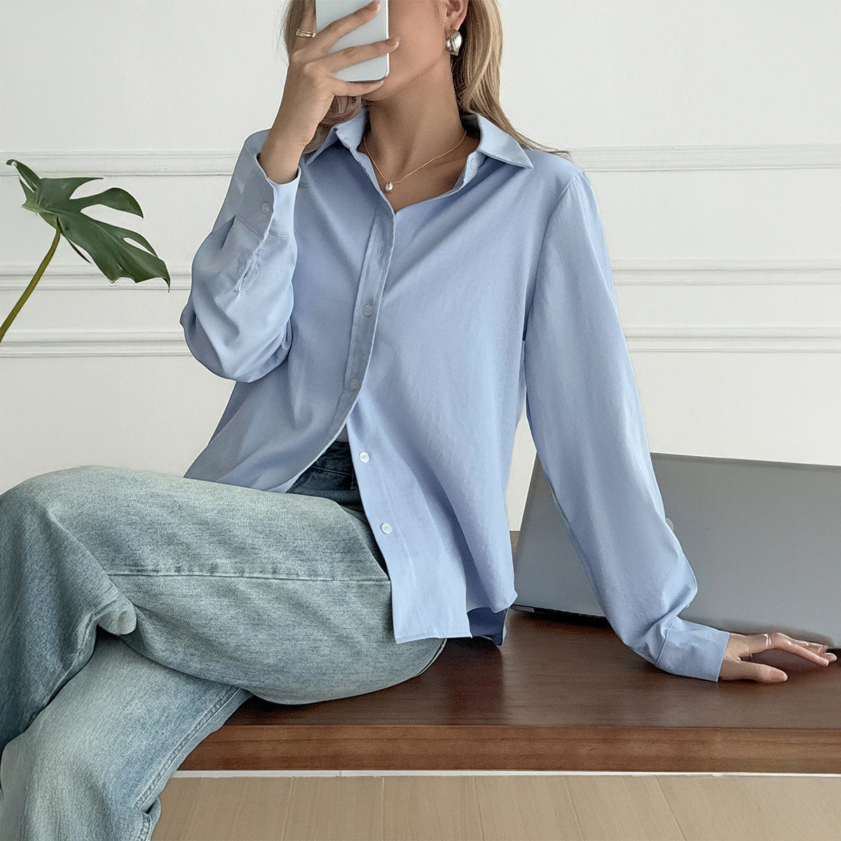 Women’s Solid Color Casual Button-Up Shirt Long Sleeve Classic Blouse