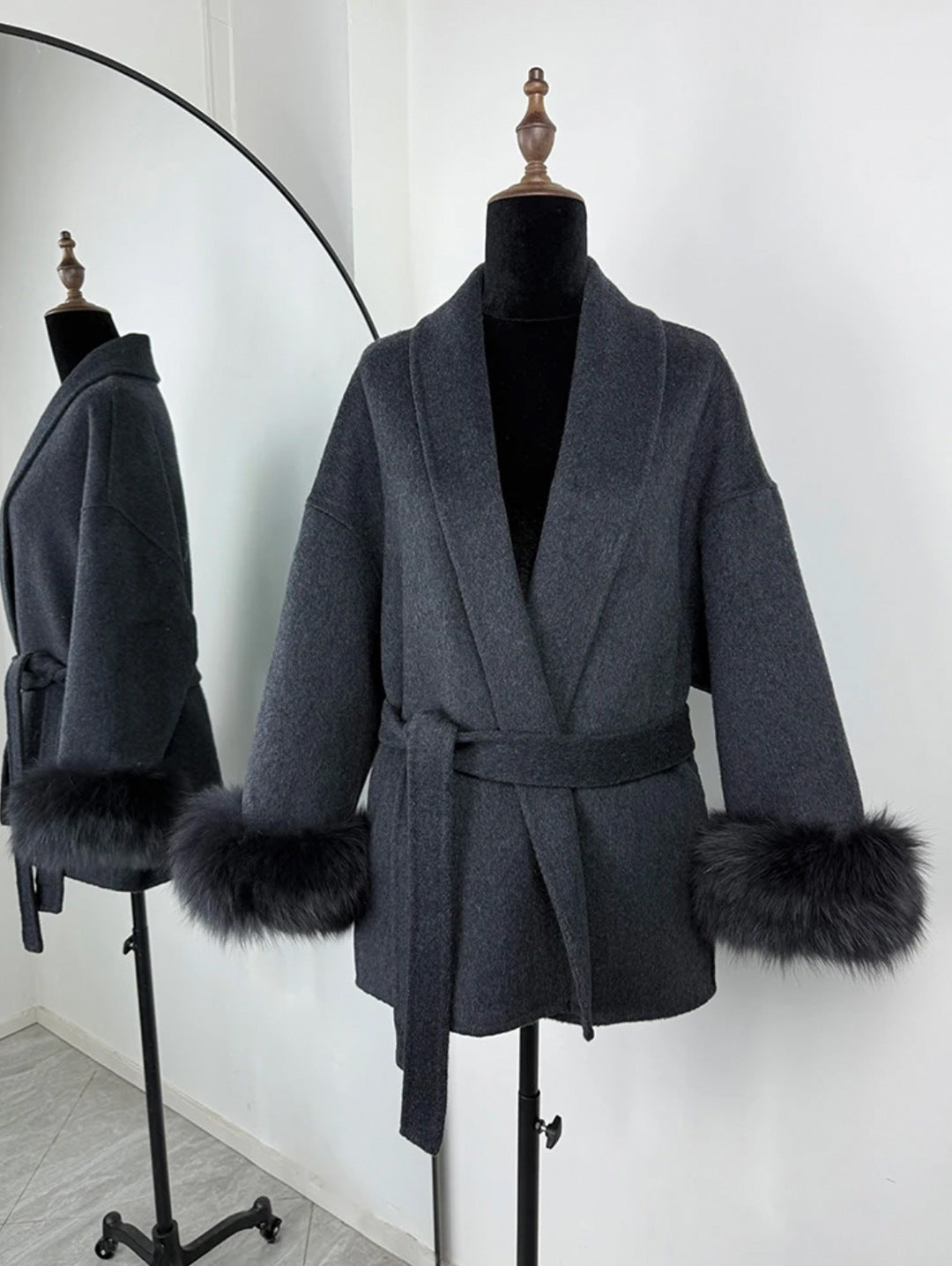 Women’s Fur V-neck Lace-up Woolen Coat with Faux Fur Cuffs