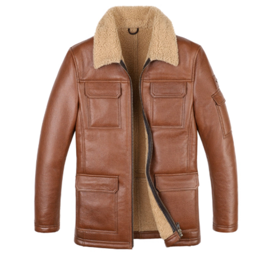 Men’s Sheepskin Trench Coat – Vintage Brown Leather Jacket with Shearling Collar