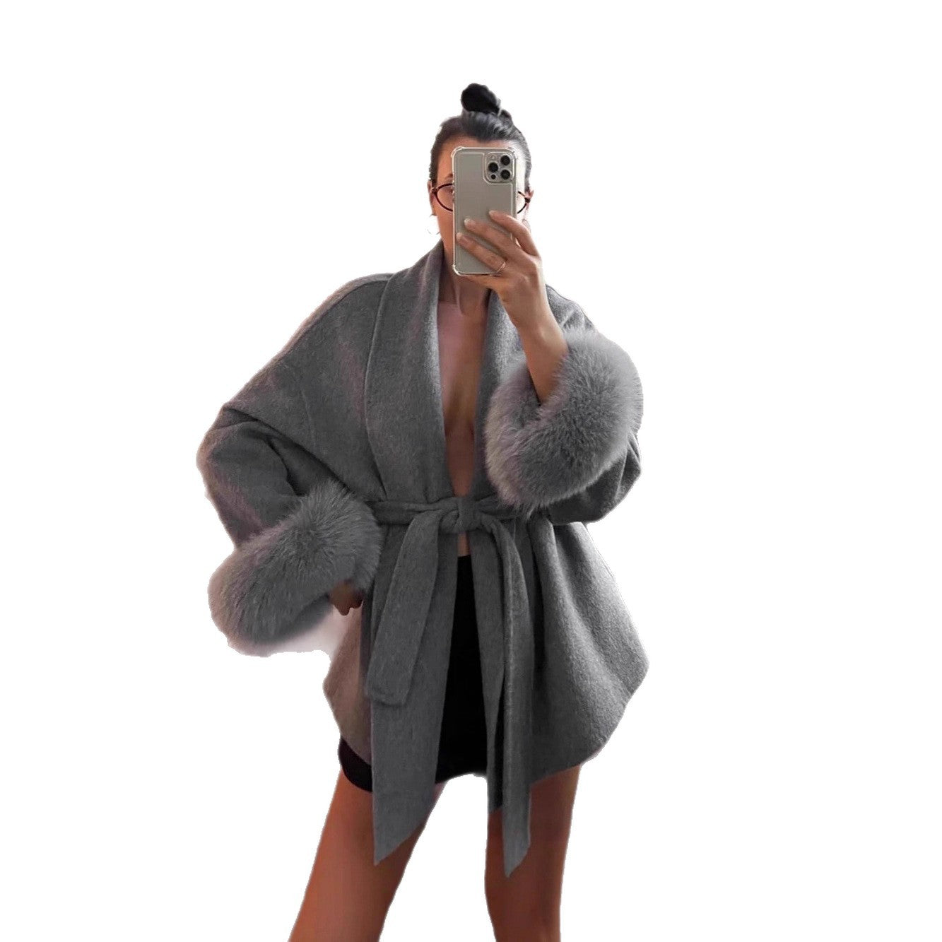 Women’s Fur V-neck Lace-up Woolen Coat with Faux Fur Cuffs