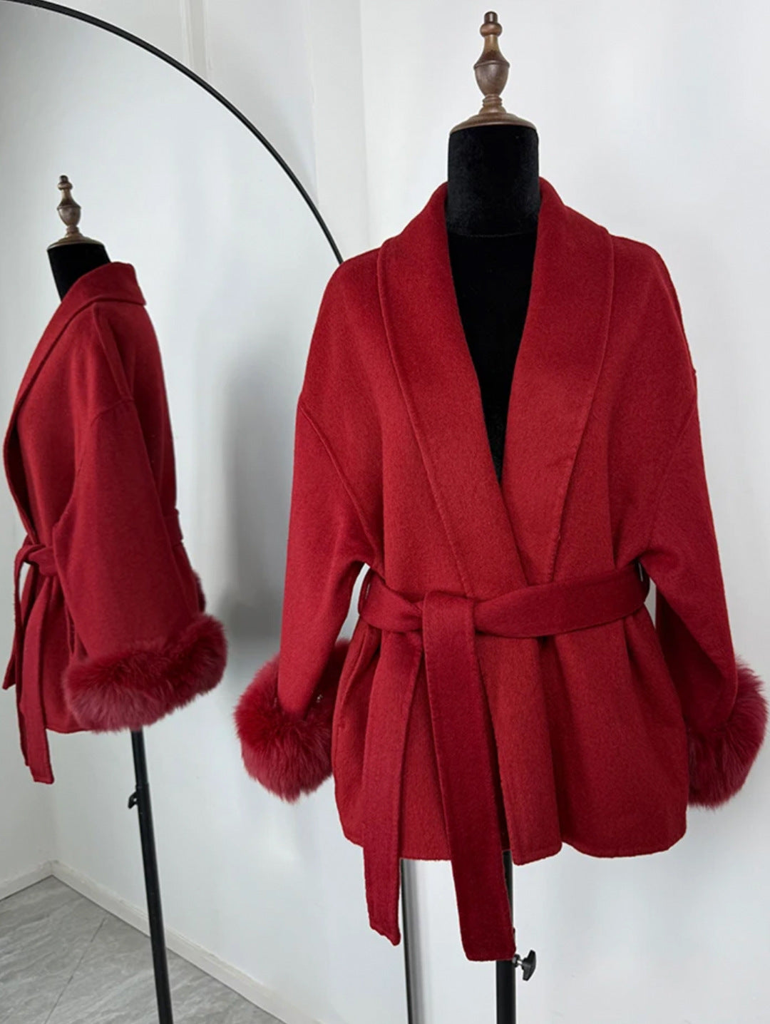 Women’s Fur V-neck Lace-up Woolen Coat with Faux Fur Cuffs