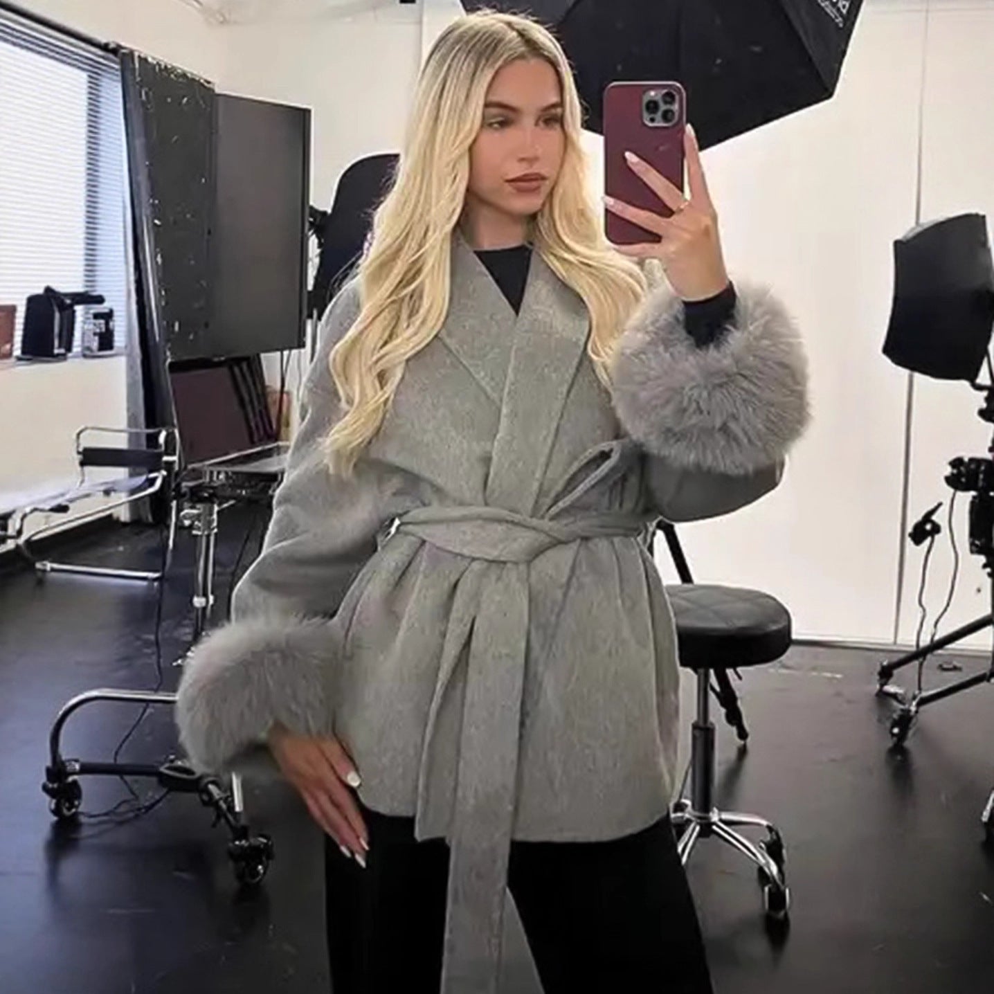 Women’s Fur V-neck Lace-up Woolen Coat with Faux Fur Cuffs