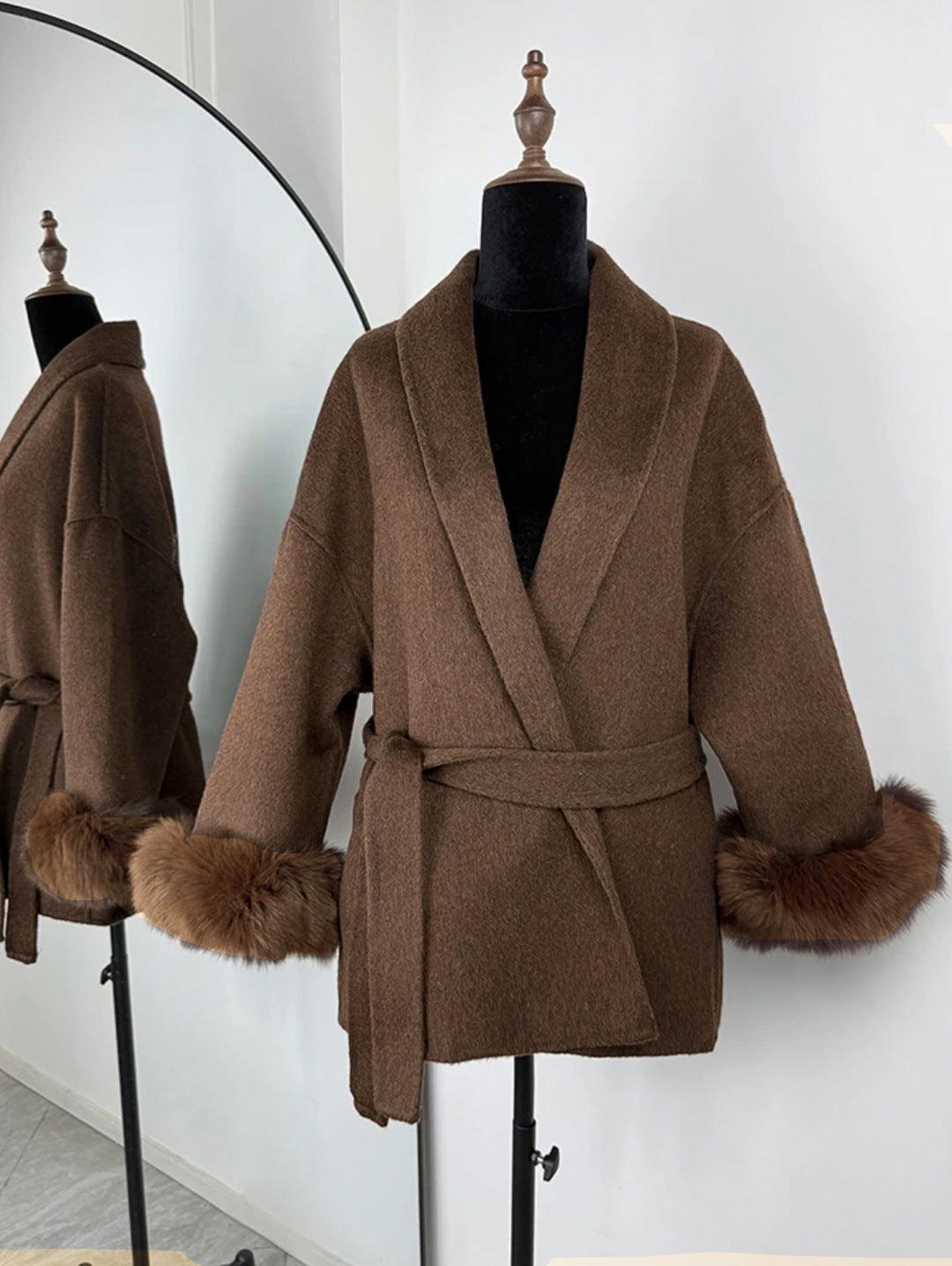 Women’s Fur V-neck Lace-up Woolen Coat with Faux Fur Cuffs