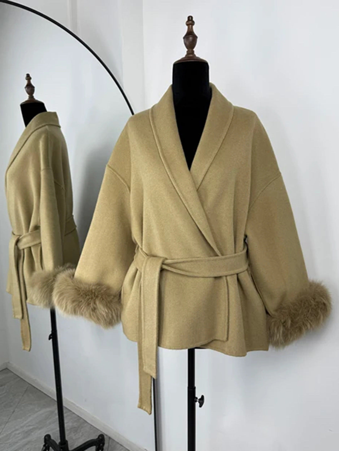 Women’s Fur V-neck Lace-up Woolen Coat with Faux Fur Cuffs