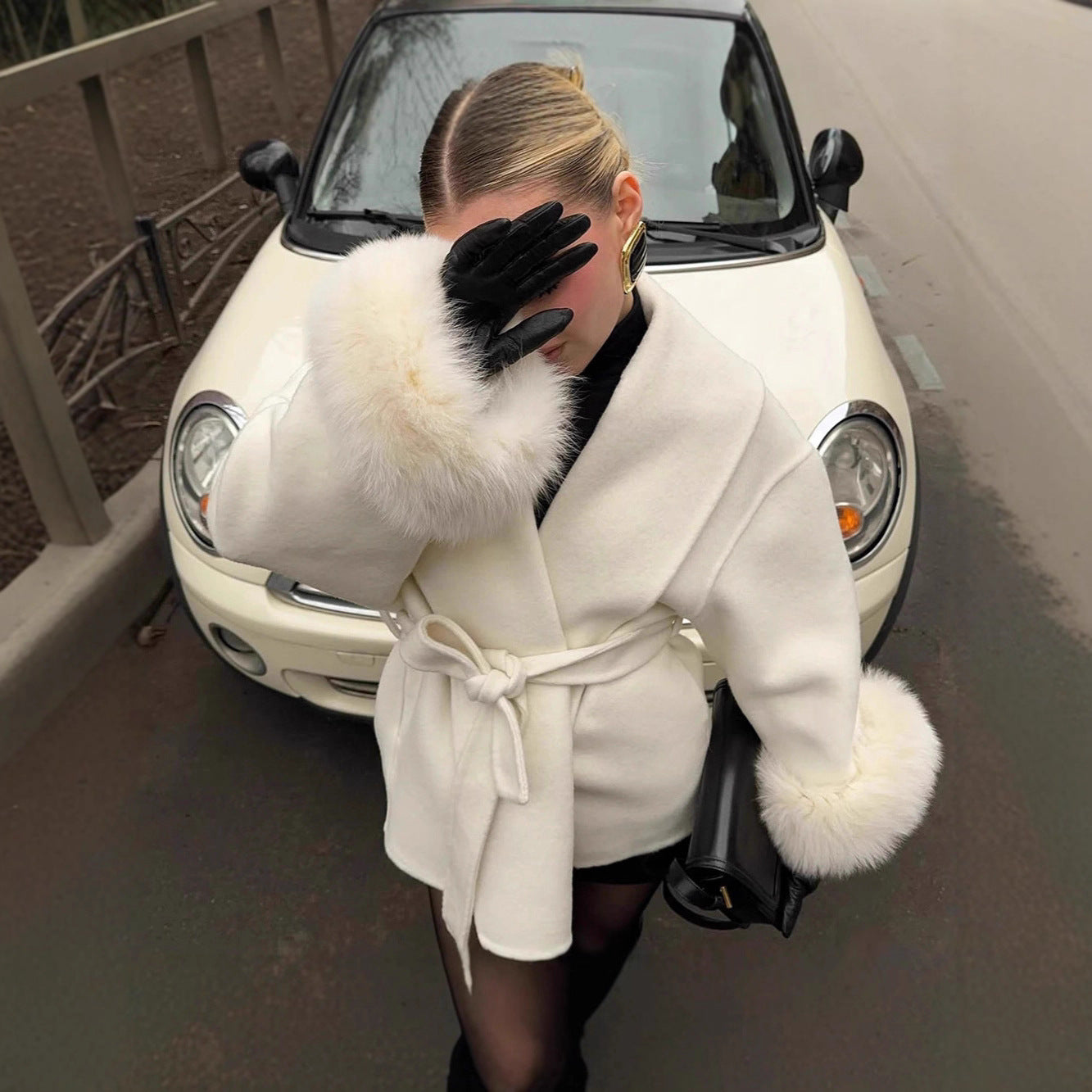 Women’s Fur V-neck Lace-up Woolen Coat with Faux Fur Cuffs