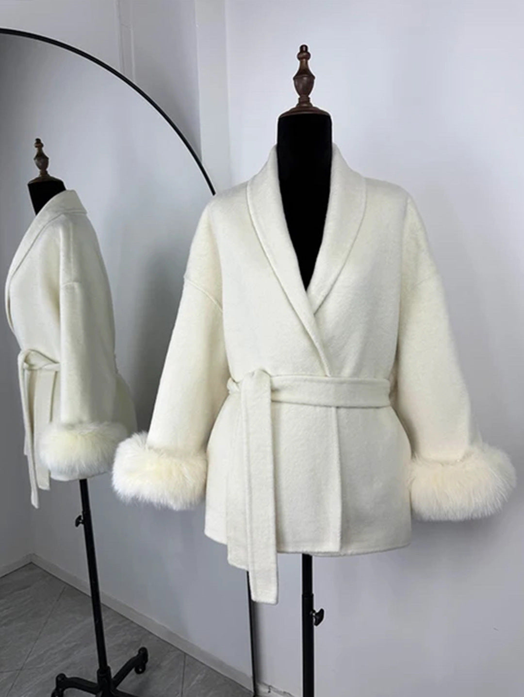 Women’s Fur V-neck Lace-up Woolen Coat with Faux Fur Cuffs