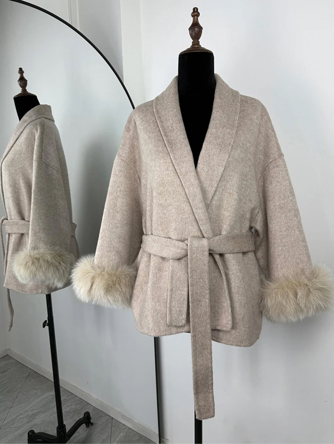 Women’s Fur V-neck Lace-up Woolen Coat with Faux Fur Cuffs