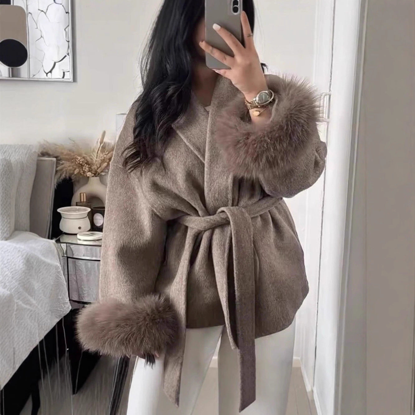 Women’s Fur V-neck Lace-up Woolen Coat with Faux Fur Cuffs