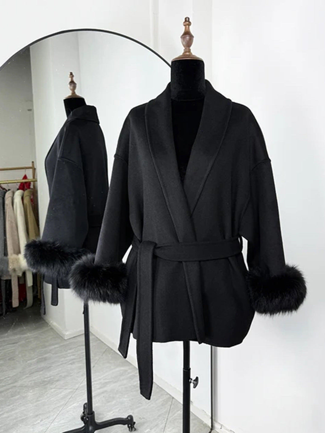 Women’s Fur V-neck Lace-up Woolen Coat with Faux Fur Cuffs