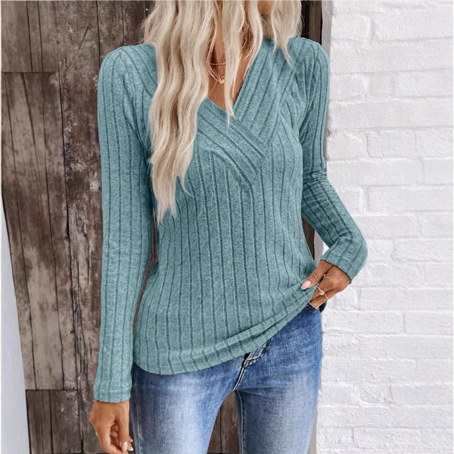 Women’s Casual Solid Color Knitted V-Neck Long Sleeve Sweater