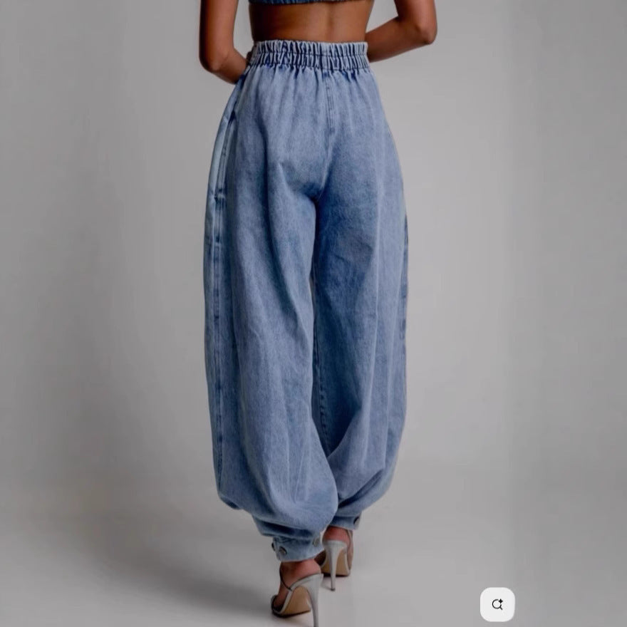 High Waist Loose Fit Zipper Ankle Tie Jeans – Casual Baggy Denim Pants
