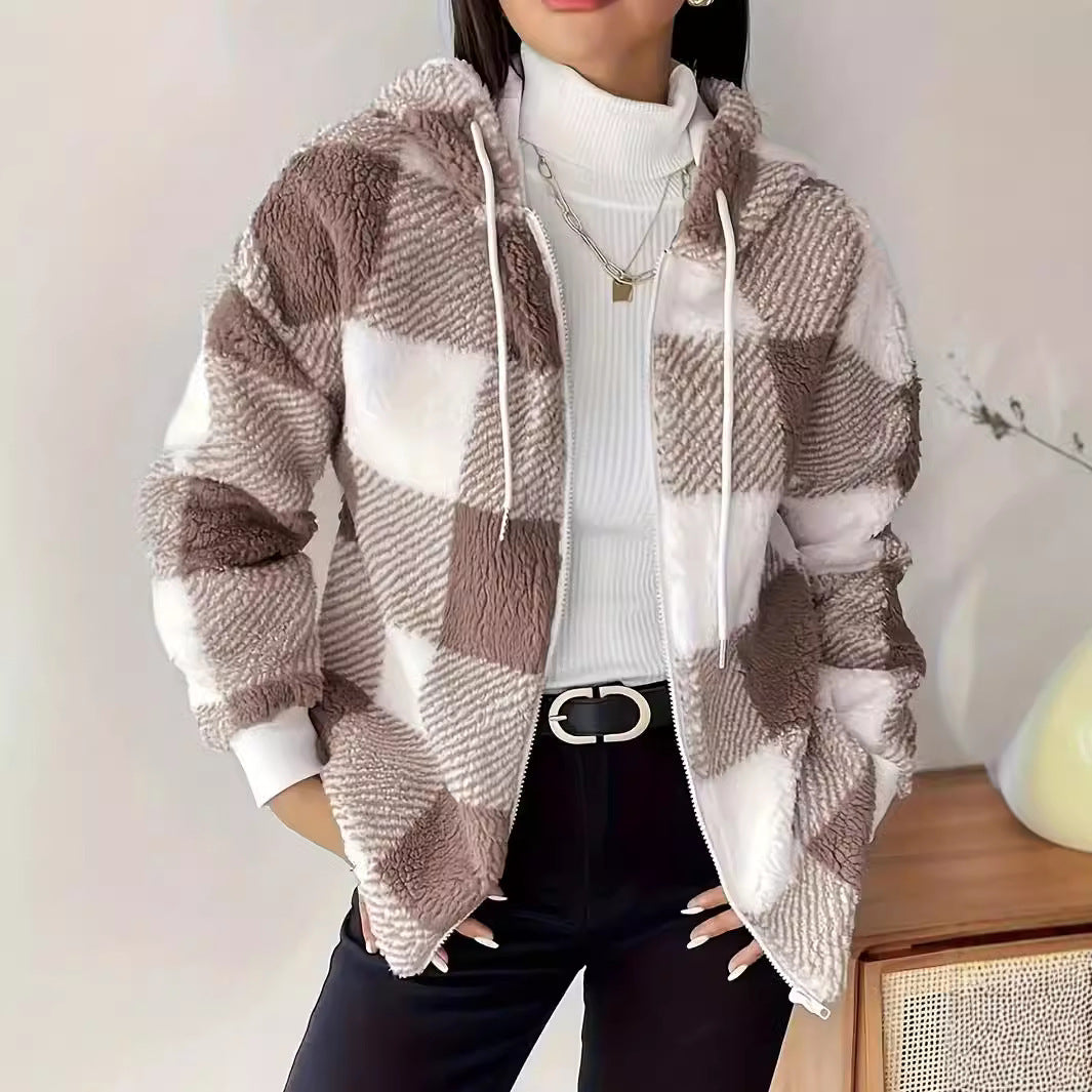 Plaid Hooded Loose Fit Winter Jacket – Women’s Casual Warm Outerwear