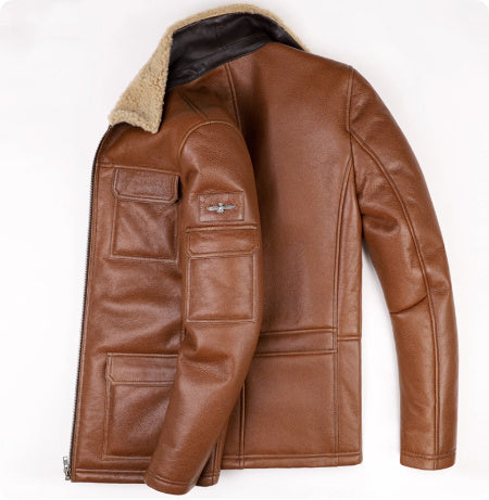 Men’s Sheepskin Trench Coat – Vintage Brown Leather Jacket with Shearling Collar