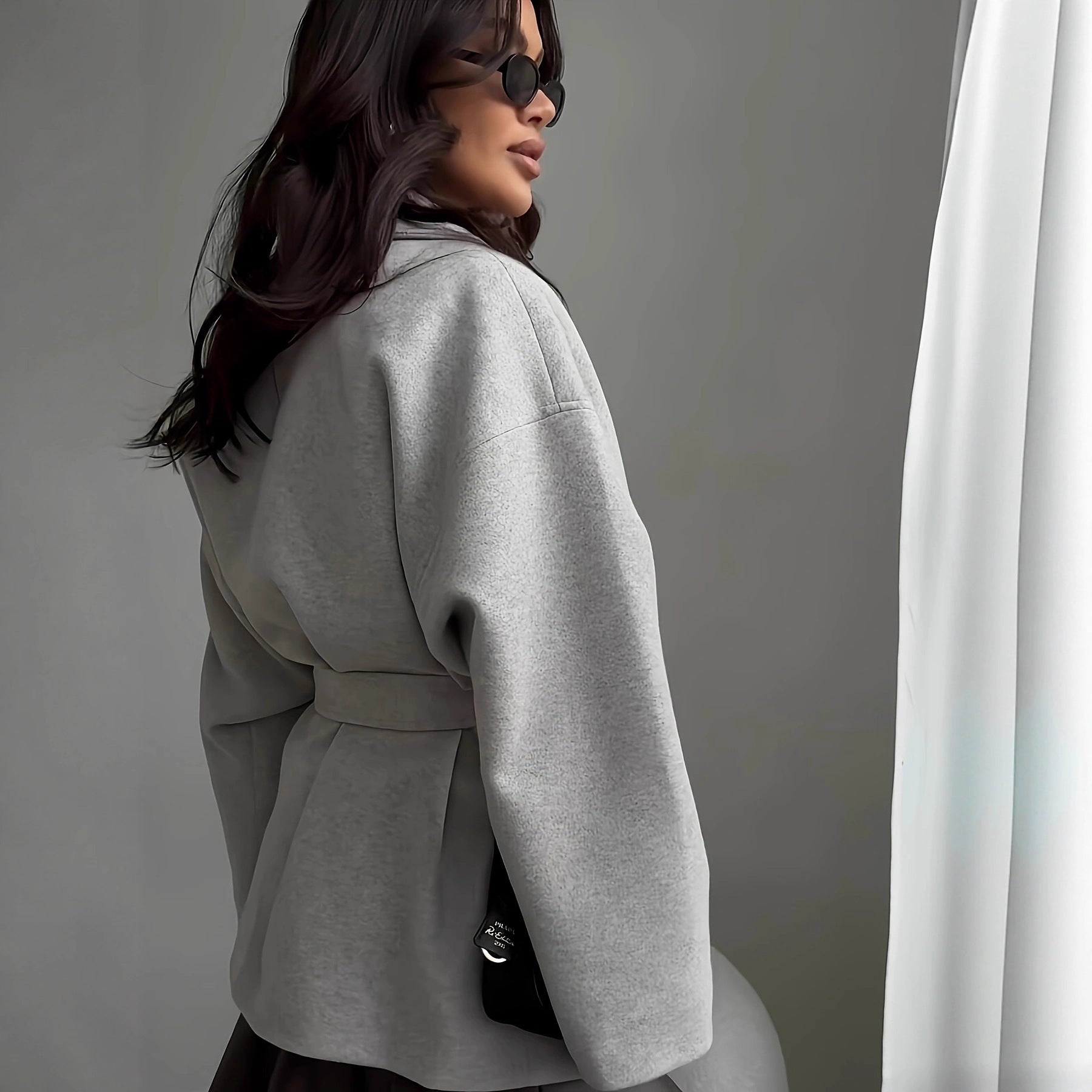 Women’s Pure Color Thickened Loose Long-Sleeve Coat with Belt