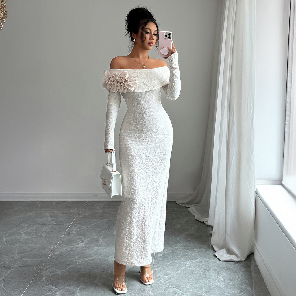 Women’s Long-Sleeved Sheath Off-Shoulder Maxi Dress with Floral Detail