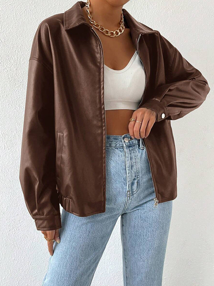 PU Leather Retro Biker Jacket – Women’s Long Sleeve Zipper Lapel Coat
