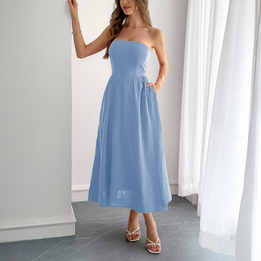 Women’s High Waist Strapless Tube Top Dress Elegant Evening Midi Dress