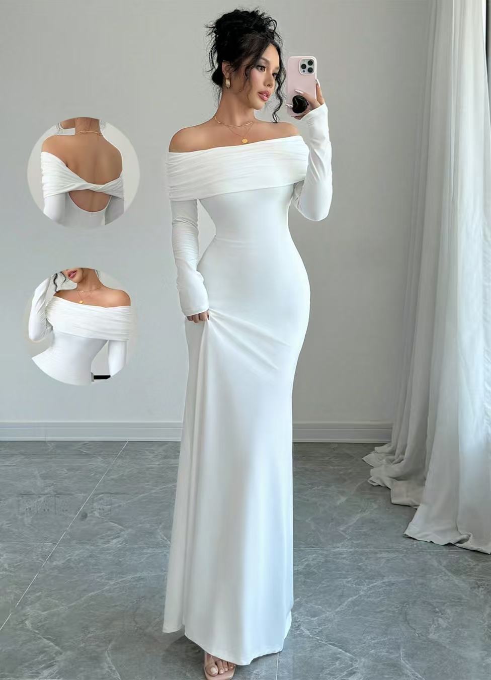 Women’s Off-Shoulder Long Sleeve Slim Fit Evening Maxi Dress