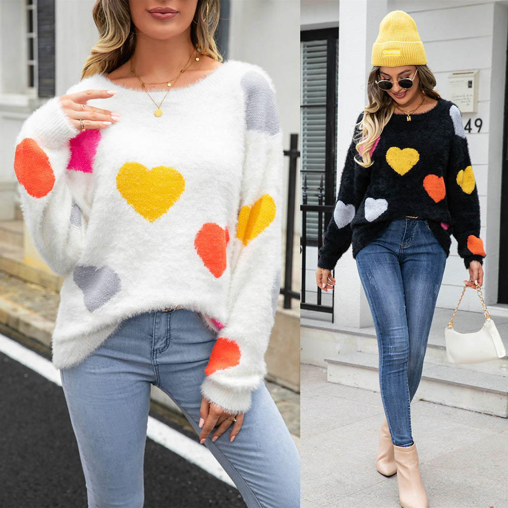 Women’s Round Neck Heart Print Sweater – Cozy Knitted Love Pattern Pullover