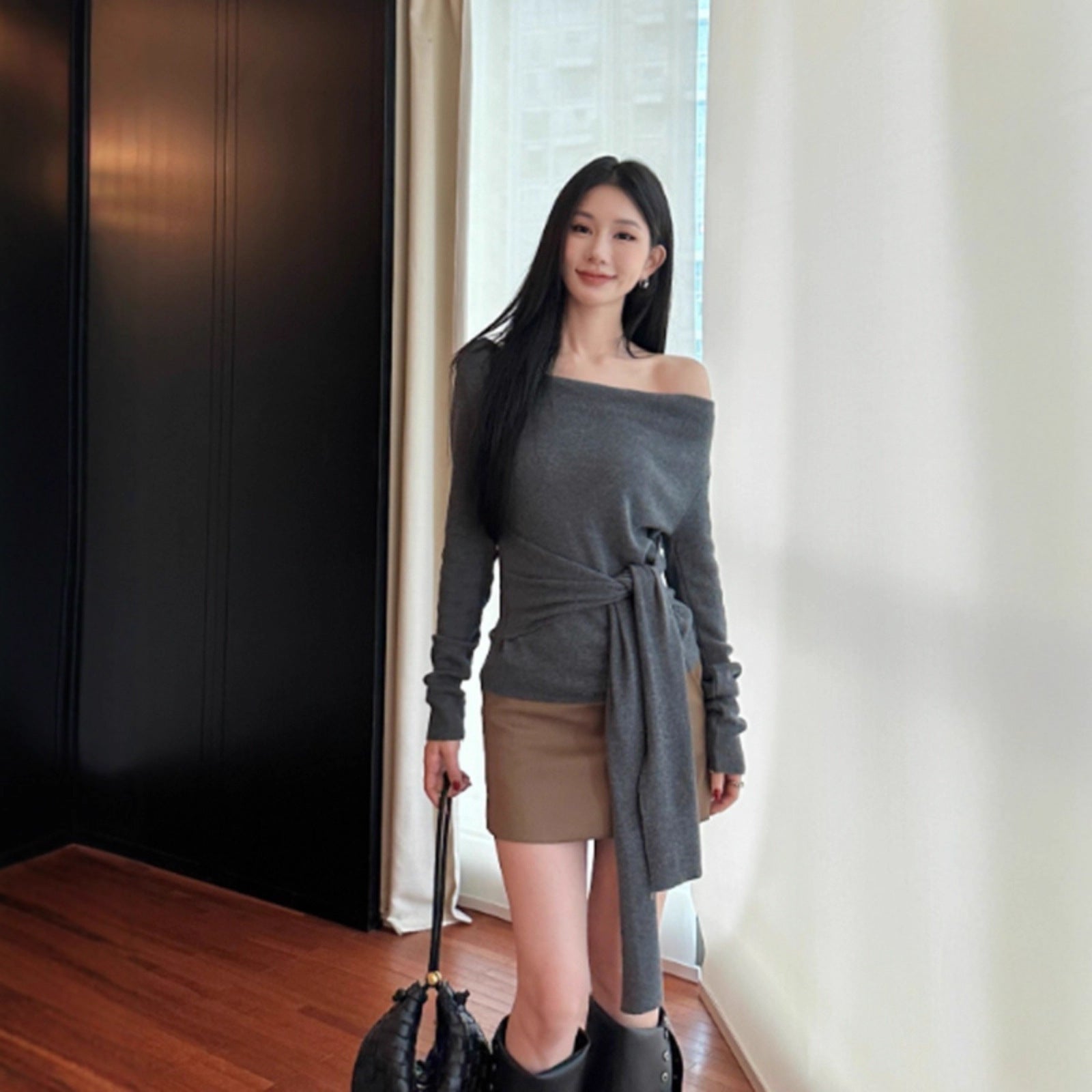 Off-Shoulder Knit Sweater with Waist Tie – Elegant Long Sleeve Pullover