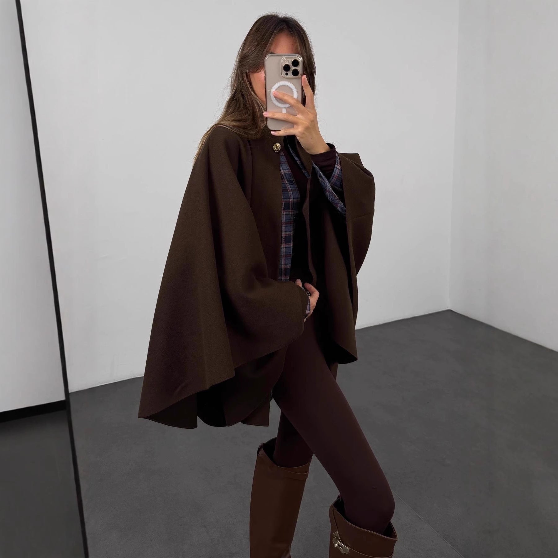 Winter Elegant Woolen Cape Coat – Mid-Length Belted Poncho Style