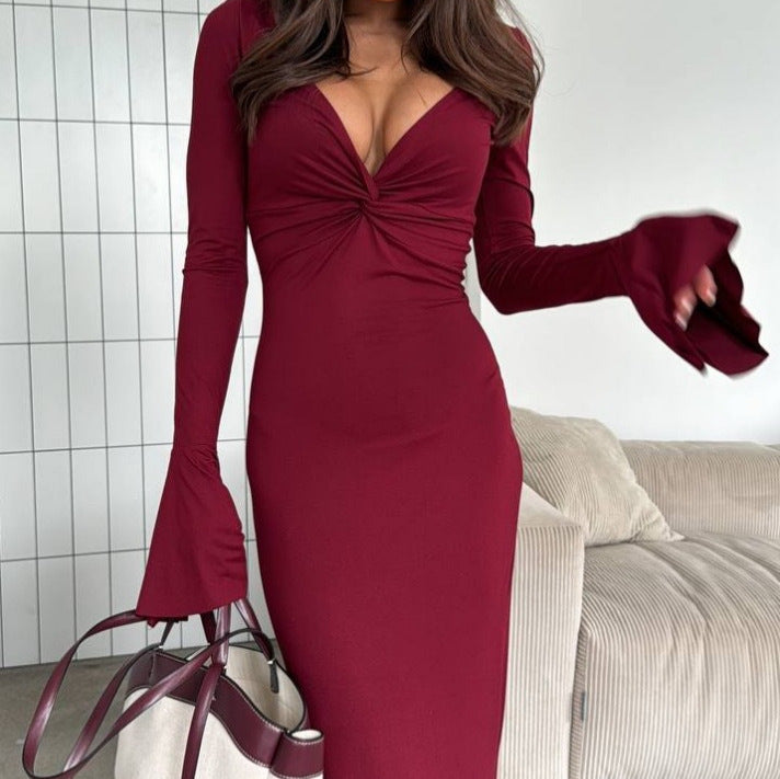 V-Neck Elegant Long Sleeve Ruffle Hem Bodycon Dress