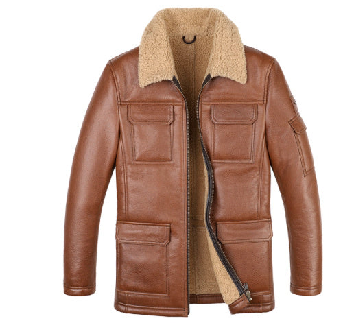 Men’s Sheepskin Trench Coat – Vintage Brown Leather Jacket with Shearling Collar