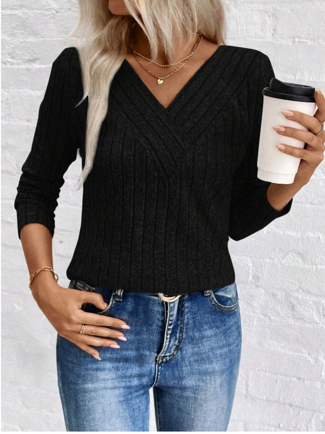 Women’s Casual Solid Color Knitted V-Neck Long Sleeve Sweater