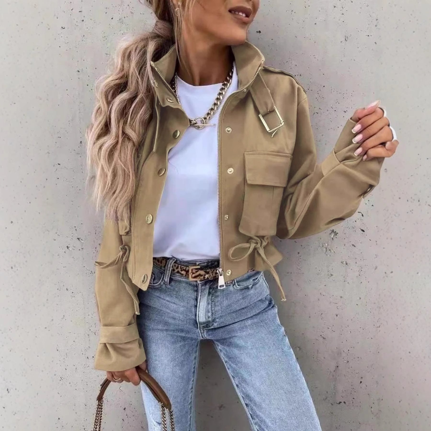 Women’s Casual Short Zipper Coat – Single-Breasted Long Sleeve Jacket with Pockets