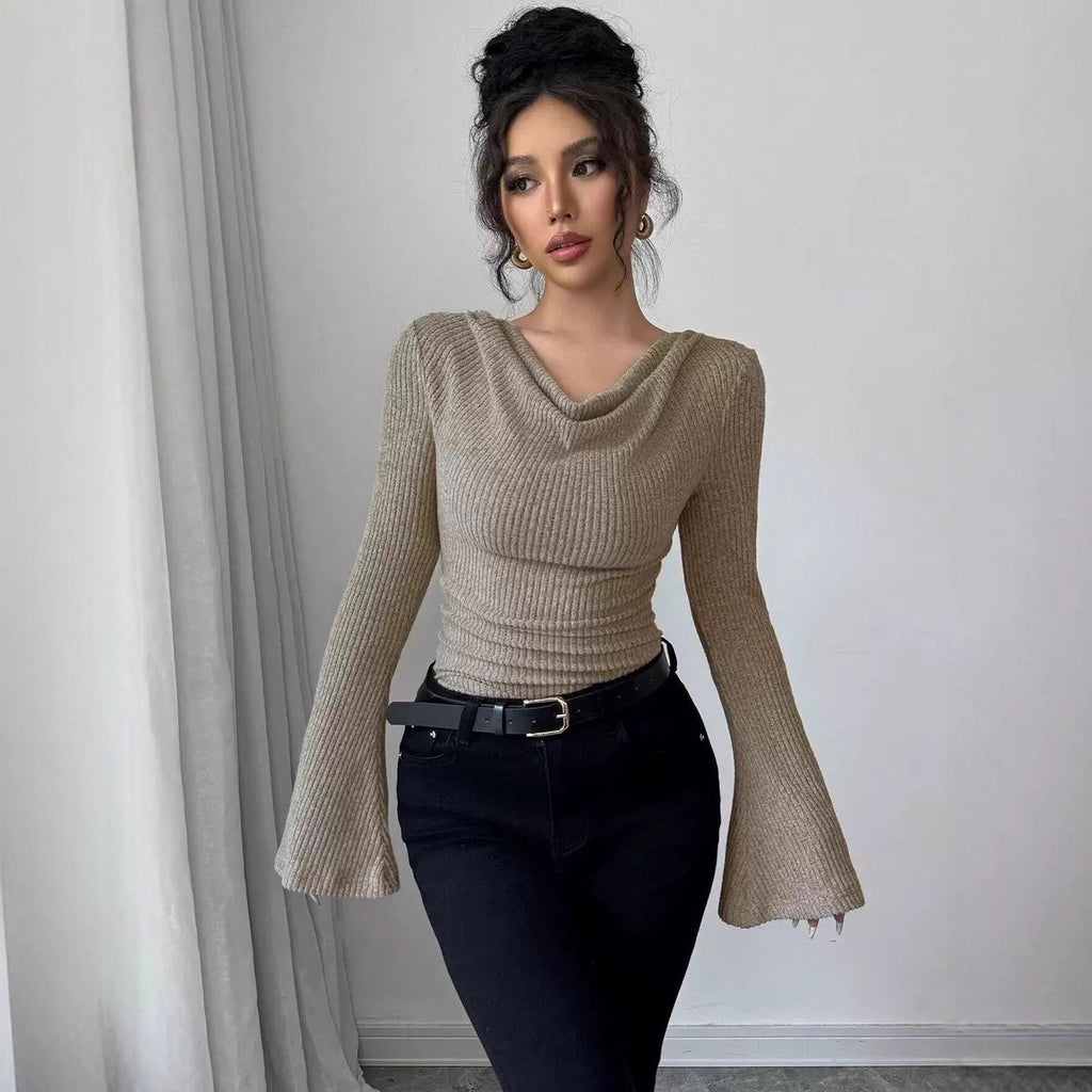 Ribbing Slim Fit Off-Shoulder Knitted Sweater – Women’s Long Sleeve Bell Cuff Pullover