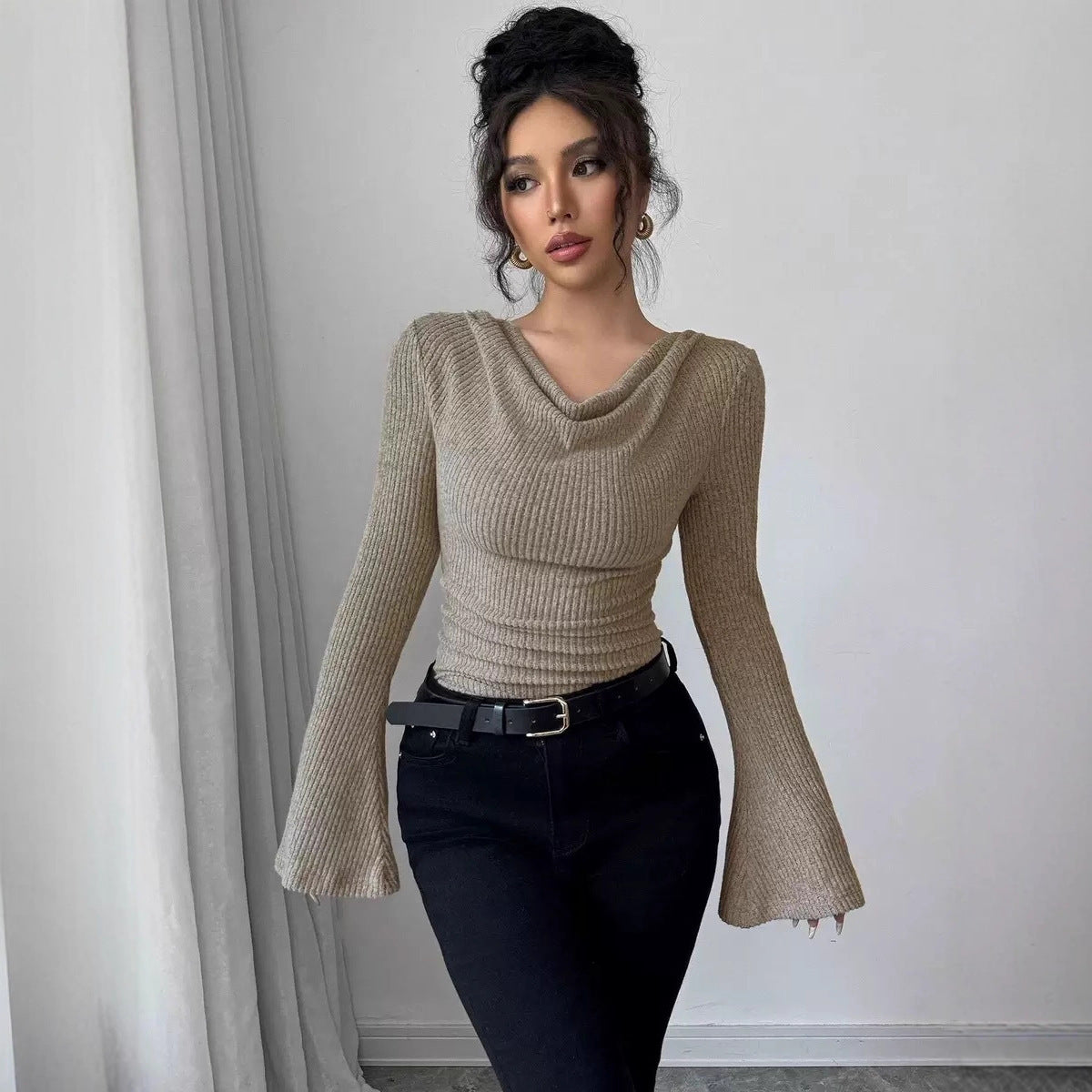 Ribbing Slim Fit Off-Shoulder Knitted Sweater – Women’s Long Sleeve Bell Cuff Pullover