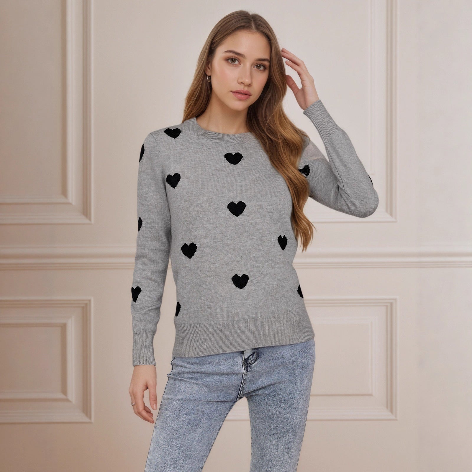Women’s Heart Jacquard Round Neck Sweater – Cute Valentine’s Day Pullover
