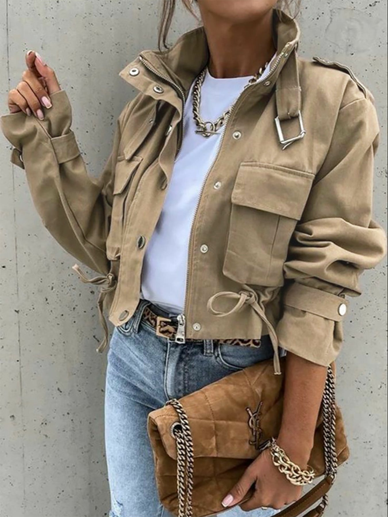 Women’s Casual Short Zipper Coat – Single-Breasted Long Sleeve Jacket with Pockets