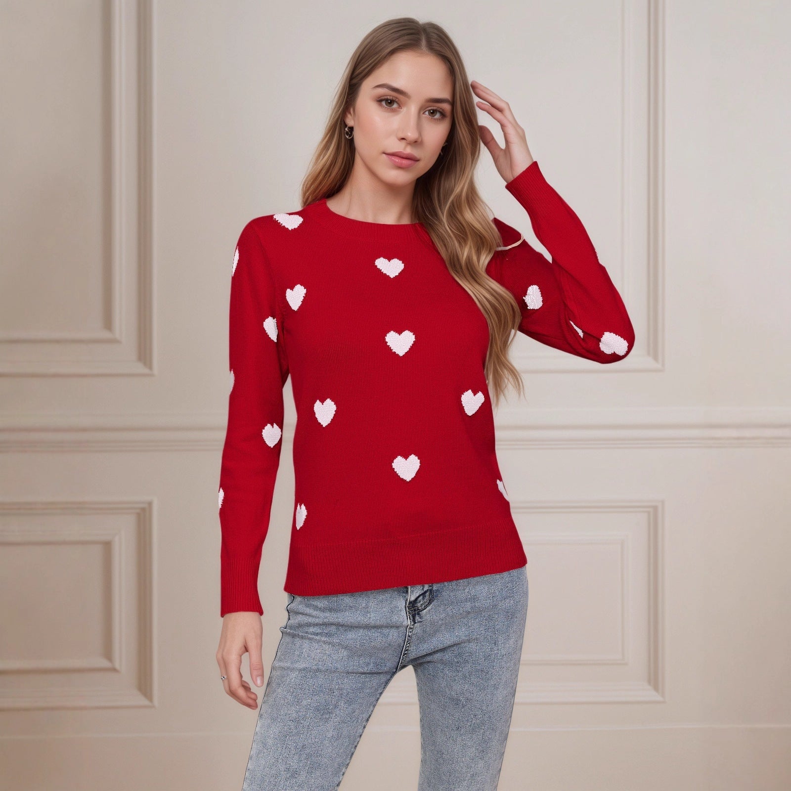 Women’s Heart Jacquard Round Neck Sweater – Cute Valentine’s Day Pullover