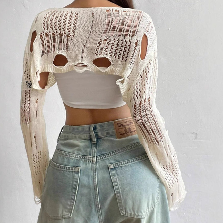 Women’s Hollow Out Crochet Knit Sweater – Trendy Long Sleeve See-Through Pullover