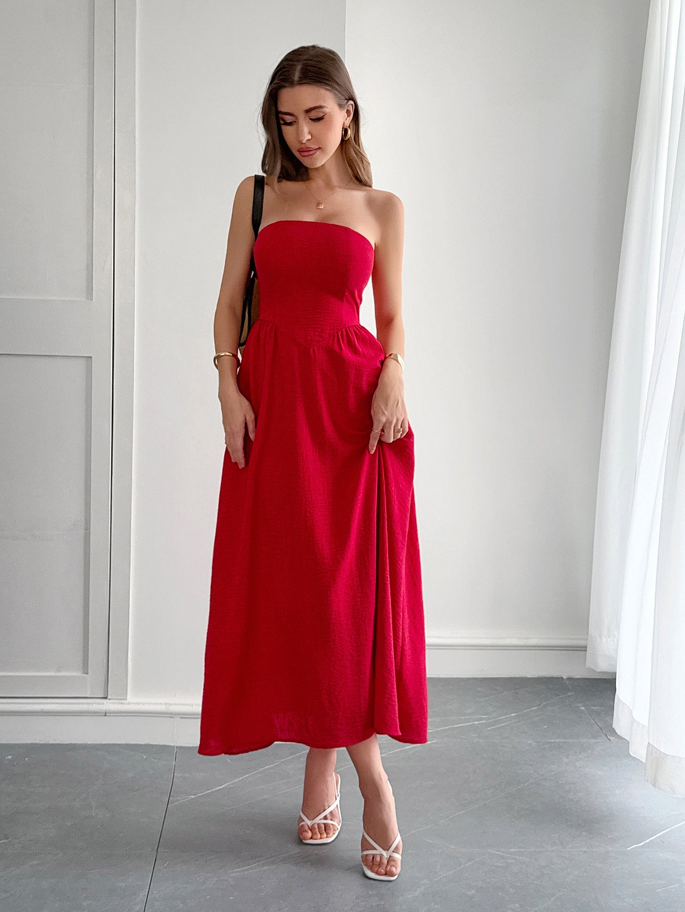 Women’s High Waist Strapless Tube Top Dress Elegant Evening Midi Dress