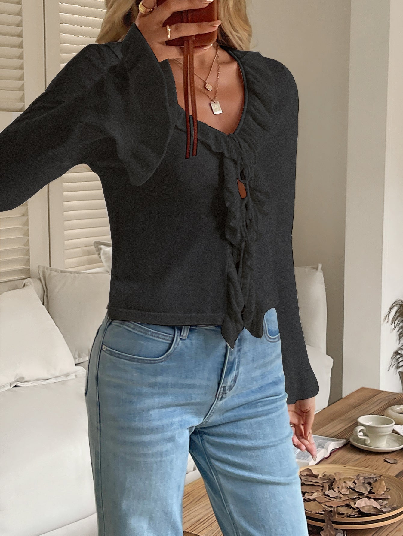 Women’s Long Sleeve Tied Sweater – Elegant V-Neck Blouse with Ruffles