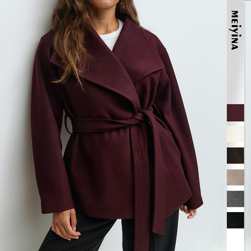 Women’s Autumn Winter Woolen Belted Coat – Elegant Mid-Length Jacket