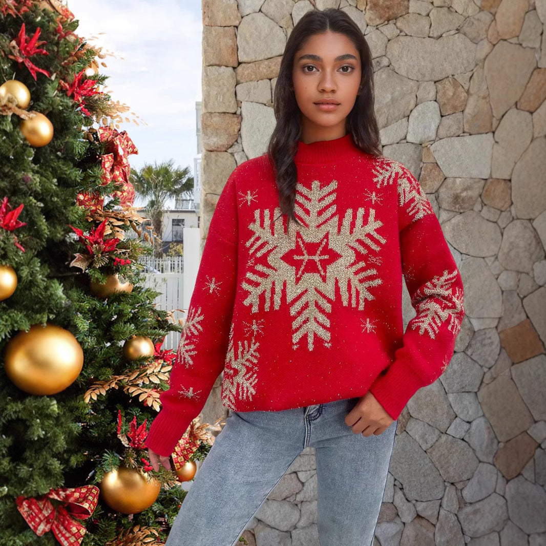Women’s Red Christmas Sweater with Snowflake Pattern