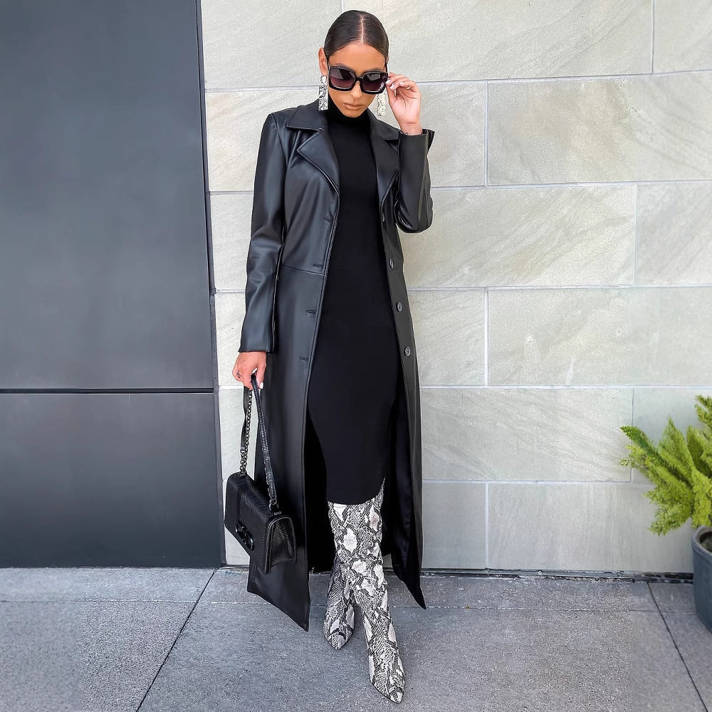 Elegant Long PU Leather Trench Coat with Lapel Collar – Street Style Outerwear