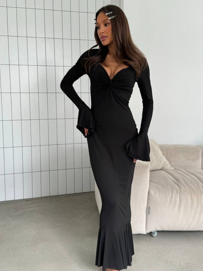 V-Neck Elegant Long Sleeve Ruffle Hem Bodycon Dress