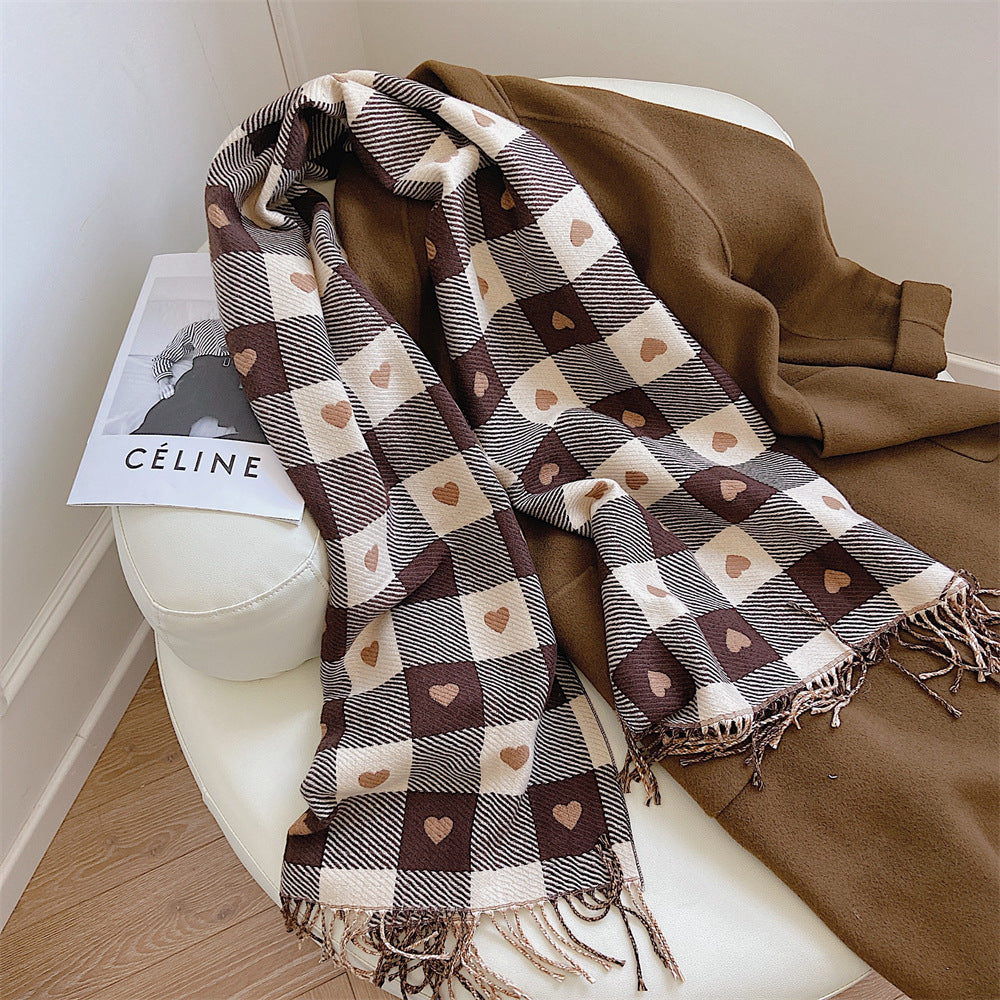 Women’s Winter Heart Plaid Cashmere Scarf – Thick Warm Checkered Shawl with Fringe