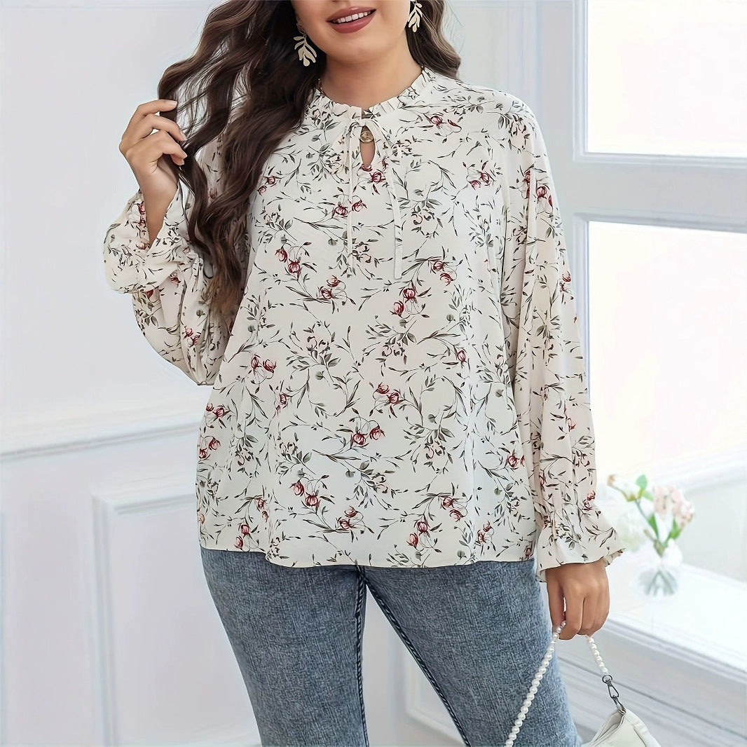 Graceful Floral Print Blouse – Lace-Up Elegant Women’s Long Sleeve Blouse