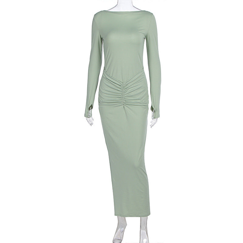 Slim Fit Pleated Solid Color Long Sleeve Maxi Dress