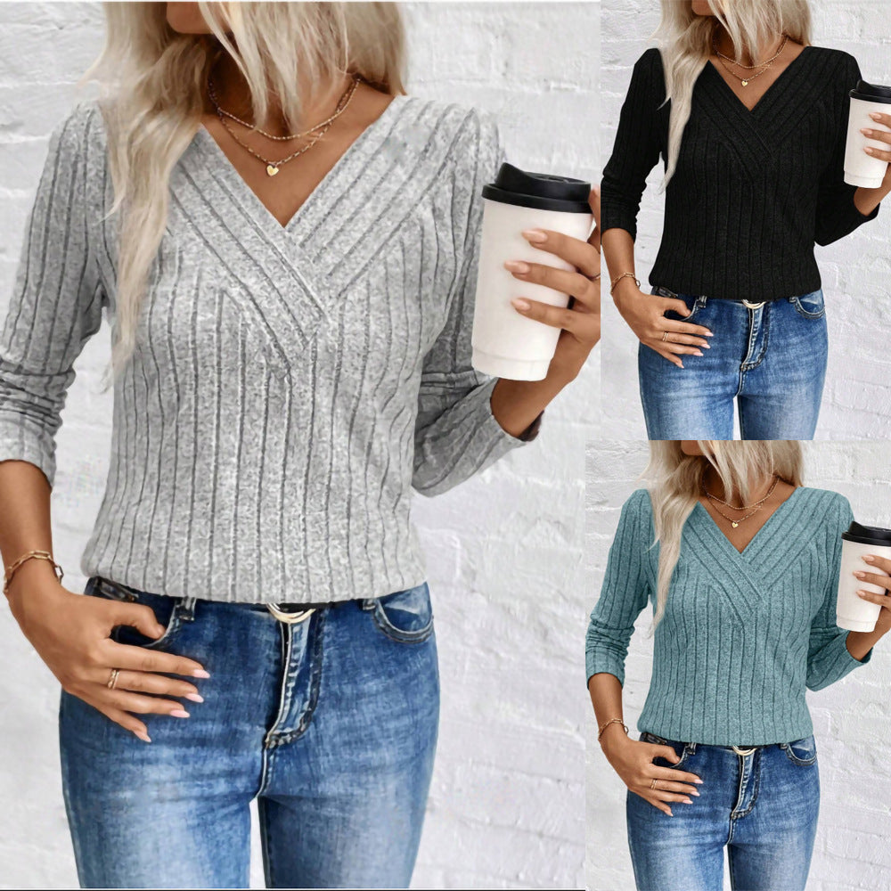 Women’s Casual Solid Color Knitted V-Neck Long Sleeve Sweater