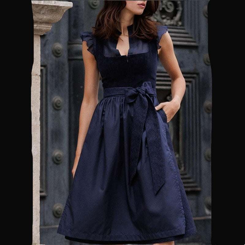 Elegant Sleeveless Lace Belted Velvet Dress – Dark Blue