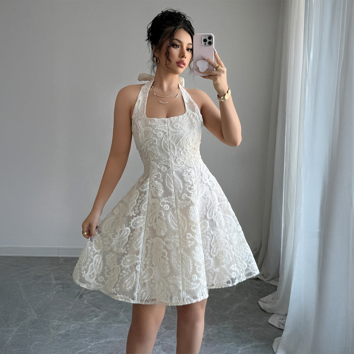 Elegant Simple Halterneck Mini Dress – Backless A-Line Summer Party Outfit
