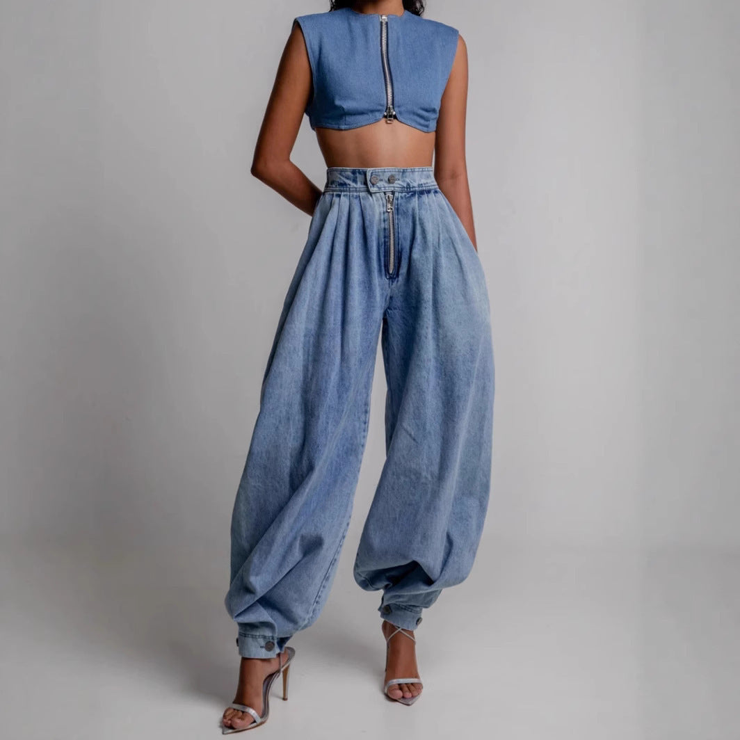High Waist Loose Fit Zipper Ankle Tie Jeans – Casual Baggy Denim Pants
