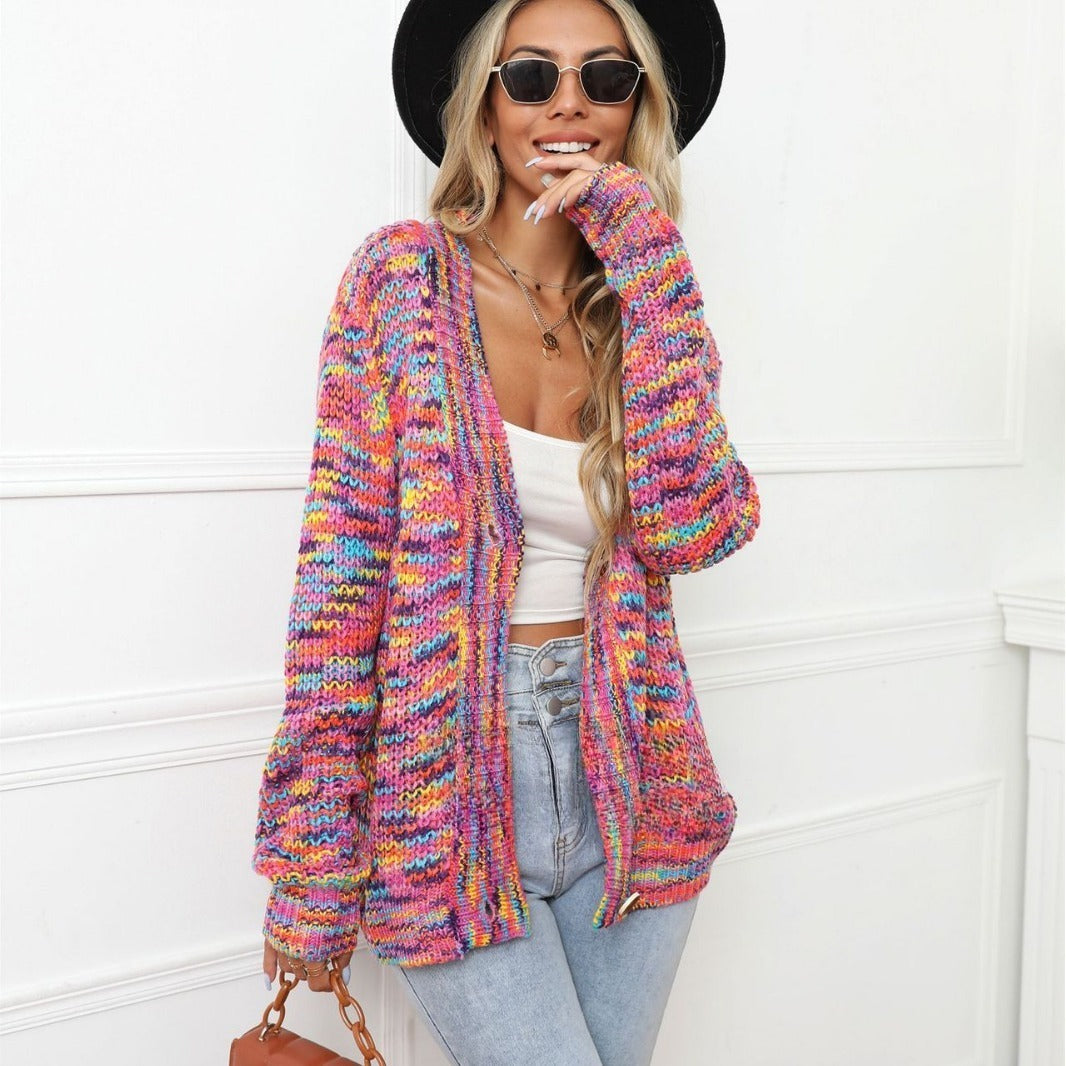 Women’s Rainbow Knit Cardigan – Festival Style Colorful Sweater