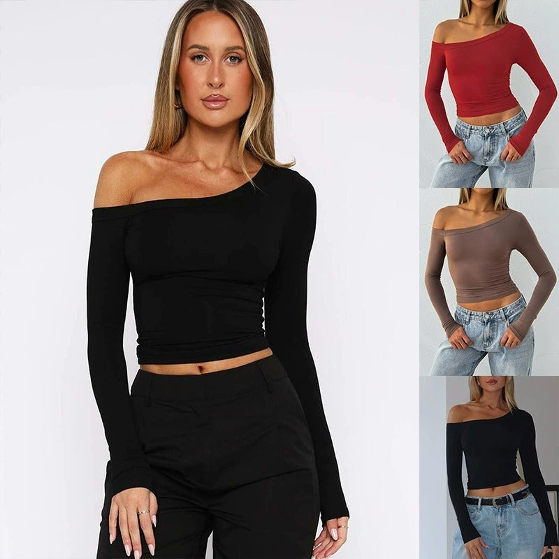 Women’s One Shoulder Long Sleeve Knit Top – Slim Fit Pullover